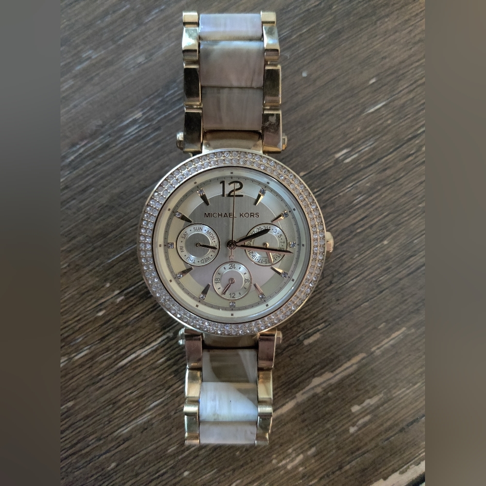 MK Kors 5956 Parker Multi Function Gold Dial Watch